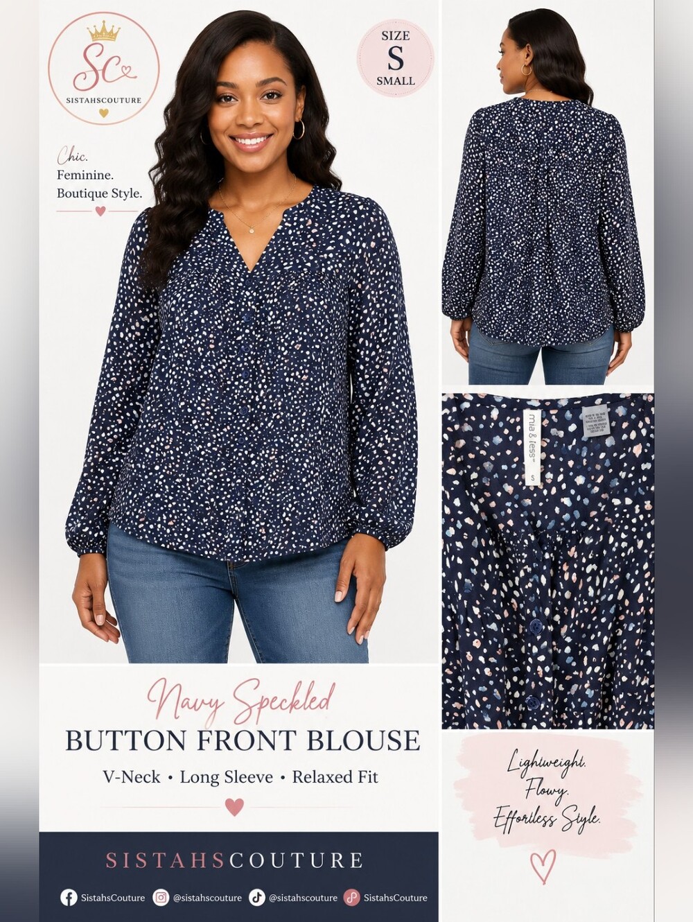 Mia & Tess Navy Abstract Pebble Print Button Front Long Sleeve Blouse | Size S
